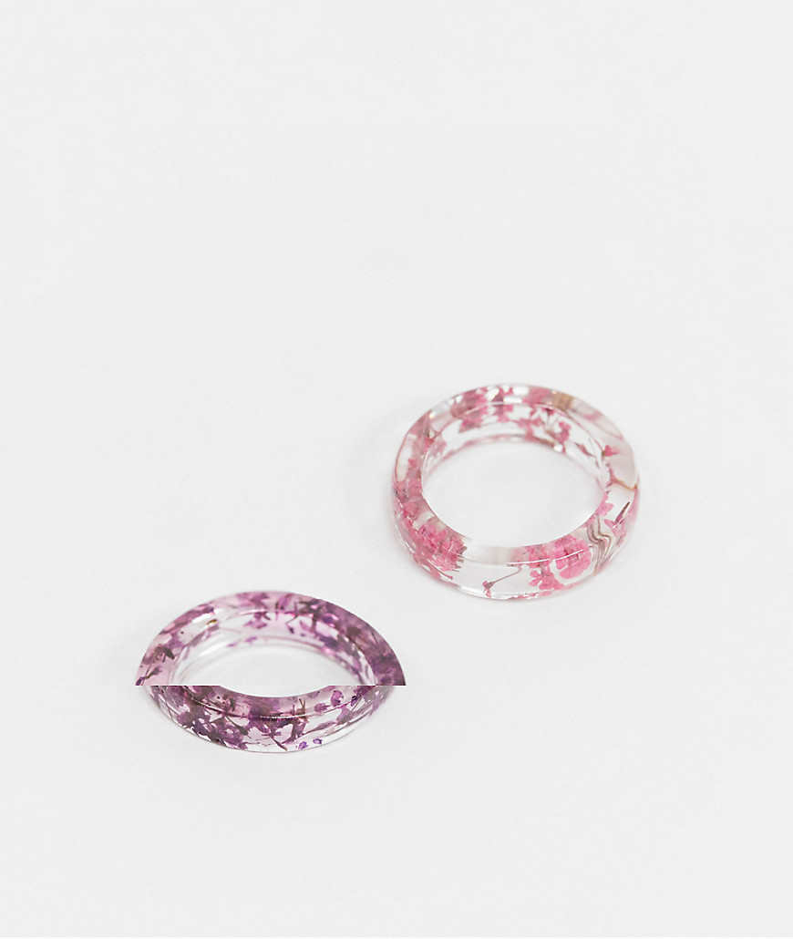 ASOS DESIGN pack of 2 rings with floral plastic resin in pink and purple-Multi