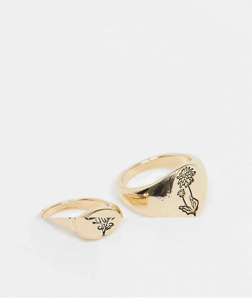 Asos Design Pack Of 2 Rings With Flower Detail In Gold Tone