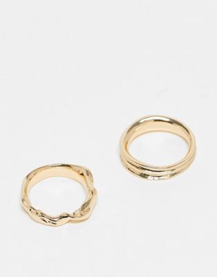 ASOS DESIGN pack of 2 rings with molten design in gold tone - ASOS Price Checker