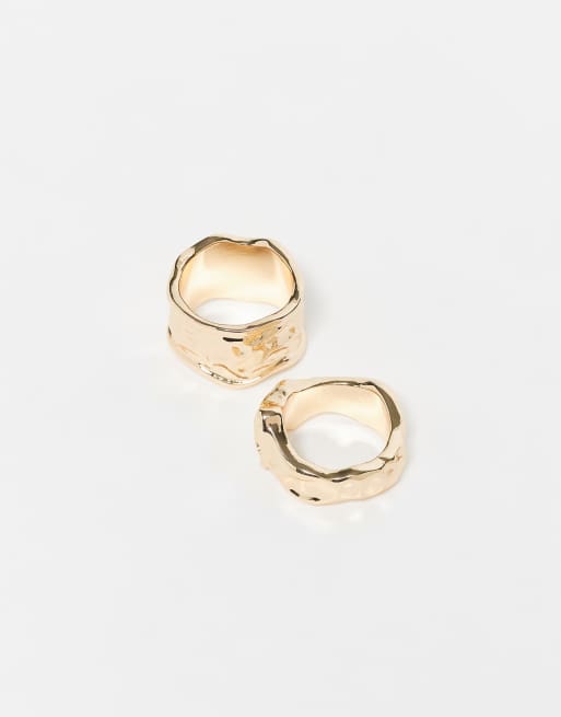 ASOS DESIGN pack of 2 rings with molten details in gold tone