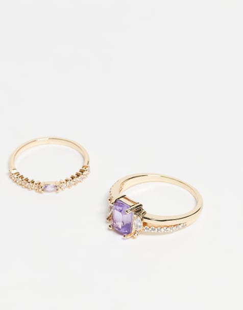 ASOS DESIGN pack of 2 rings with purple faux stone and cubic-zirconia stones in gold tone - view 1