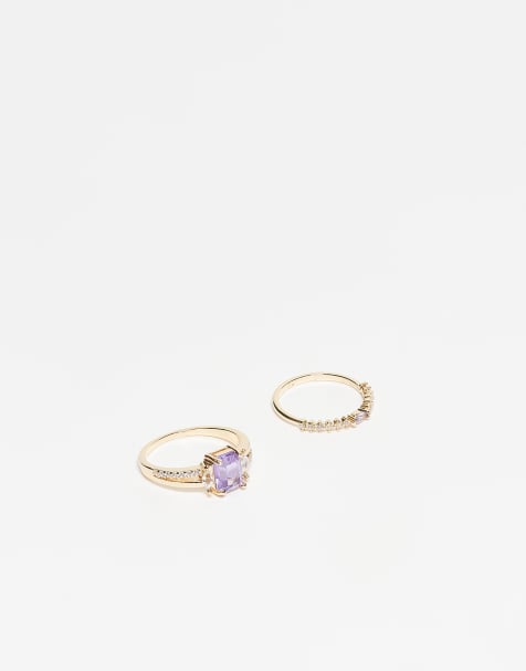 ASOS DESIGN pack of 2 rings with purple faux stone and cz stones in gold tone - view 1