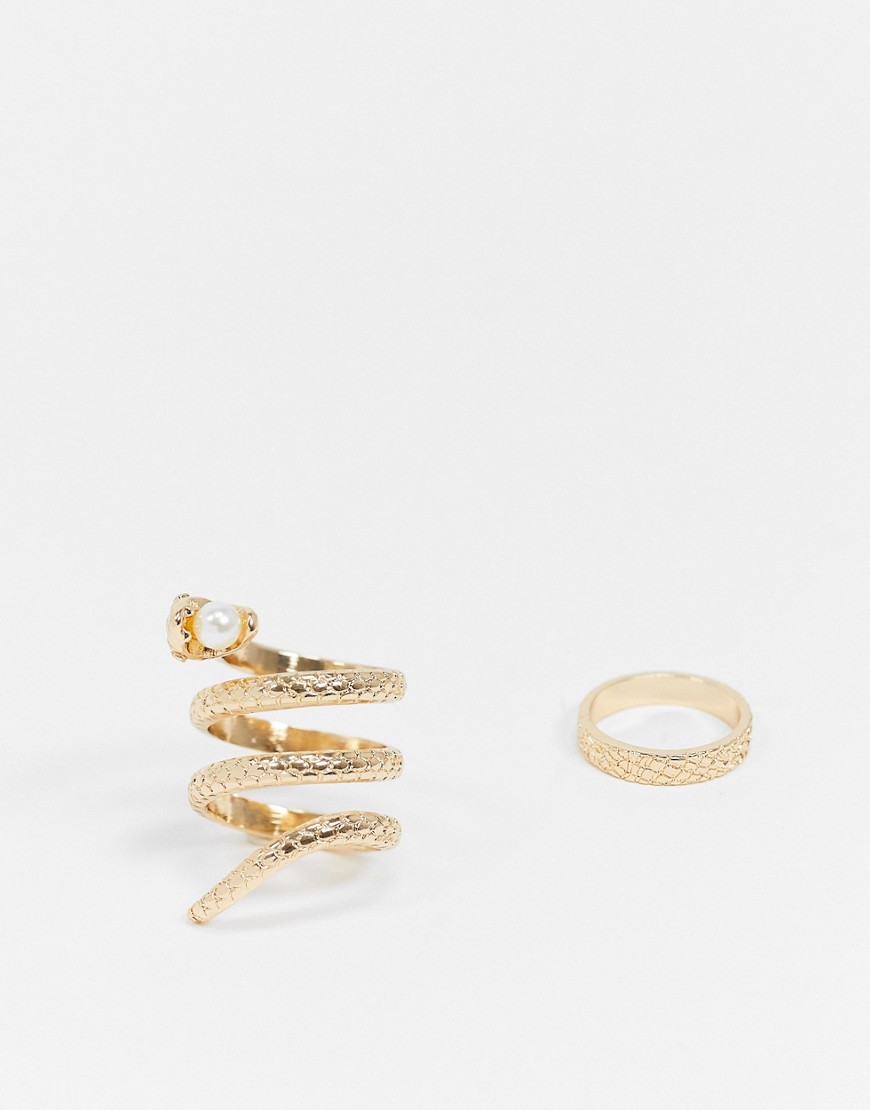 ASOS DESIGN pack of 2 rings with snake and pearl detail in gold tone