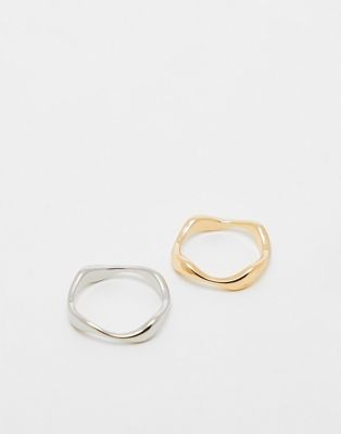 ASOS DESIGN pack of 2 rings with wave design in silver and gold tone