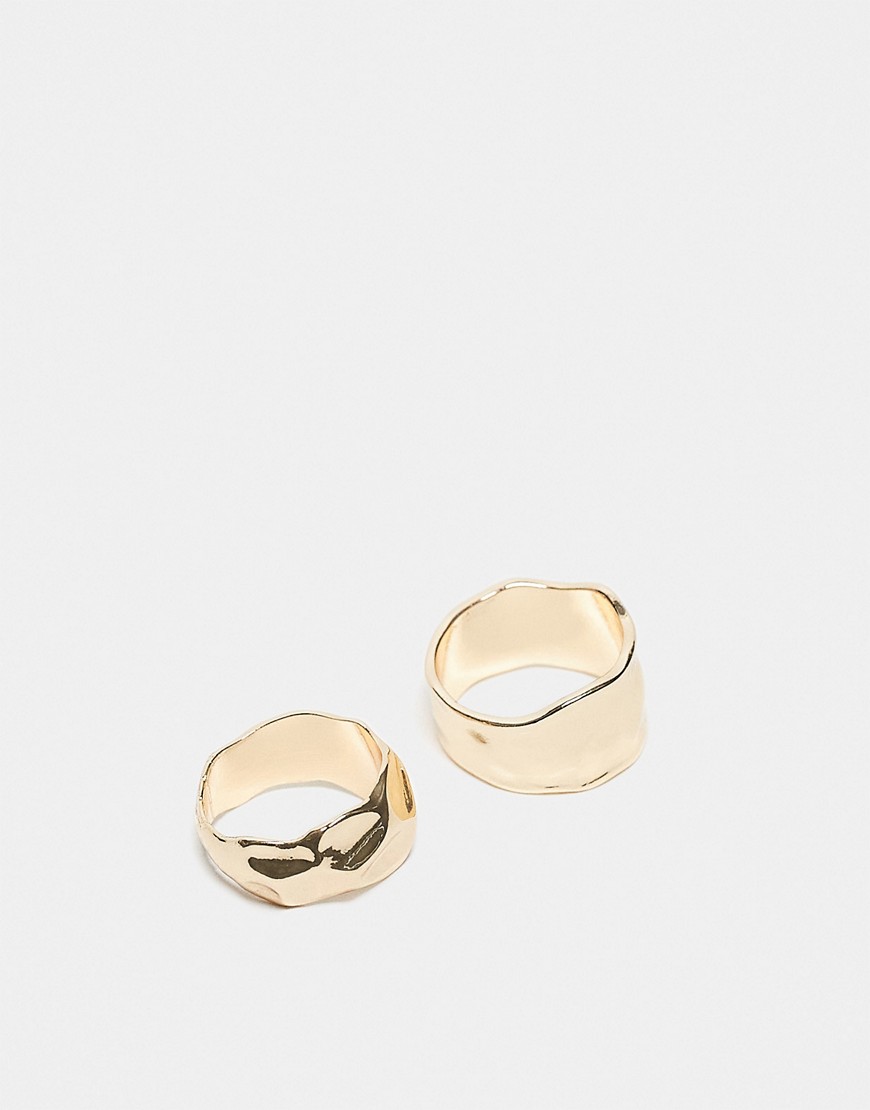 ASOS DESIGN pack of 2 rings with wide molten design in gold tone