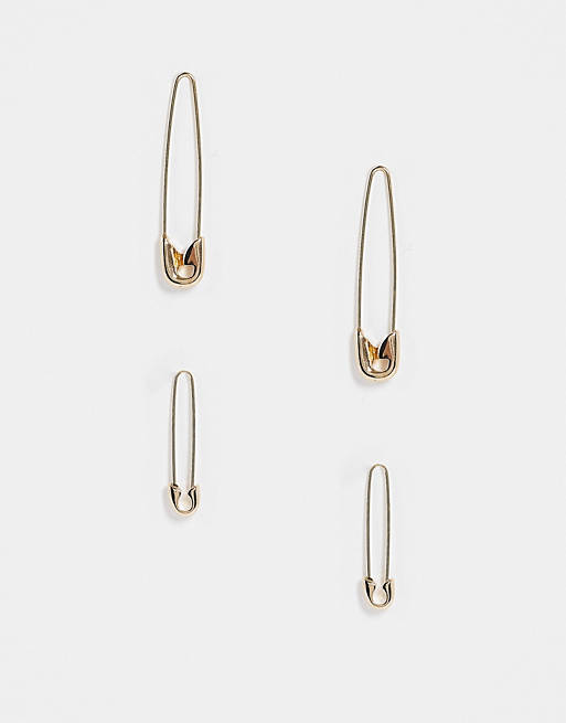 ASOS DESIGN pack of 2 safety pin earrings in gold tone