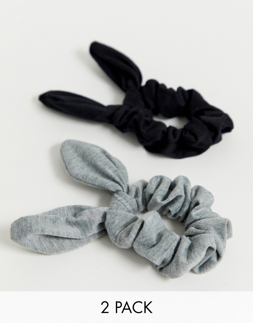 ASOS DESIGN pack of 2 scrunchie hair ties with bow detail in black and grey-Multi