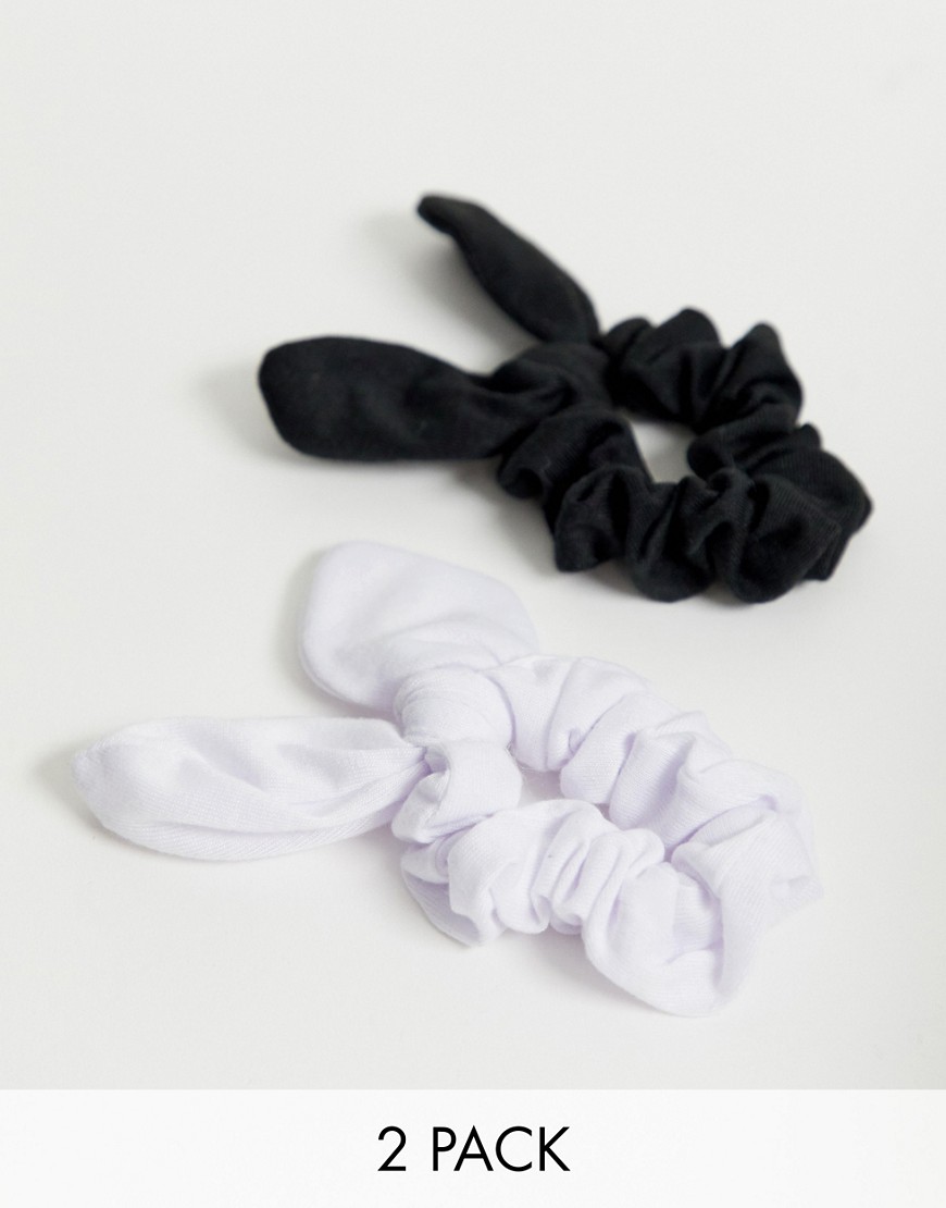 ASOS DESIGN pack of 2 scrunchie hair ties with bow detail in black and white-Multi