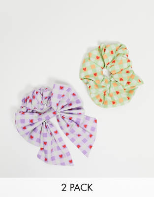 ASOS DESIGN pack of 2 scrunchies and hair bow in gingham heart print