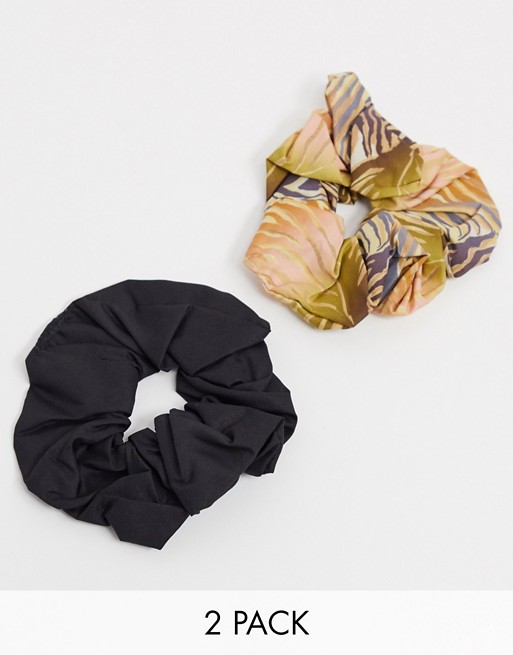 ASOS DESIGN pack of 2 scrunchies in black and zebra print satin