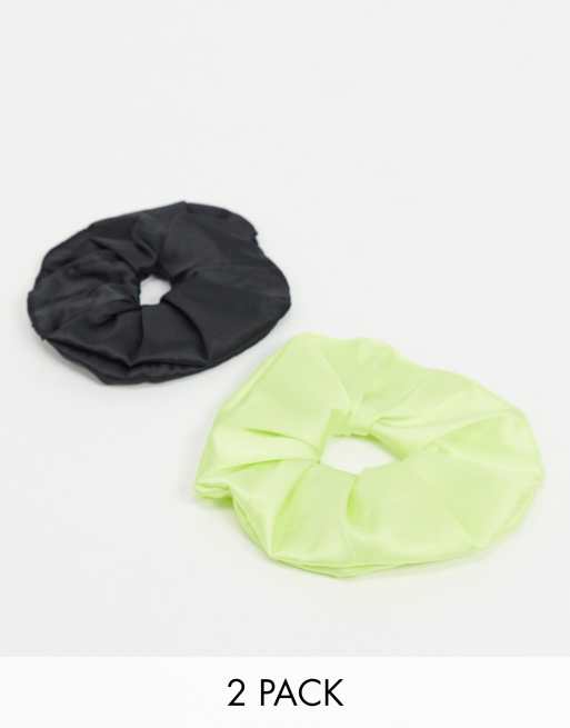 ASOS DESIGN pack of 2 scrunchies in green and black satin