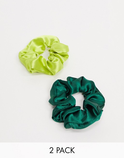 ASOS DESIGN pack of 2 scrunchies in green satins