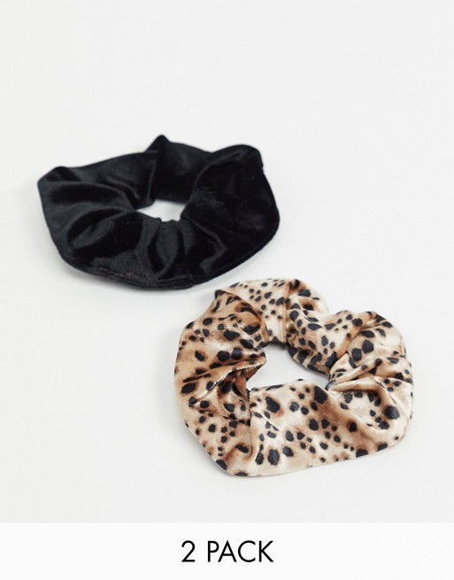 ASOS DESIGN pack of 2 scrunchies in leopard print and black velvet