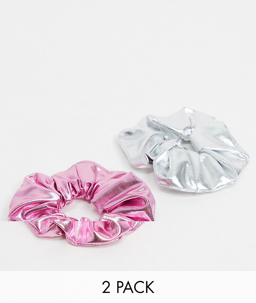 ASOS DESIGN pack of 2 scrunchies in metallic pink and silver-Multi