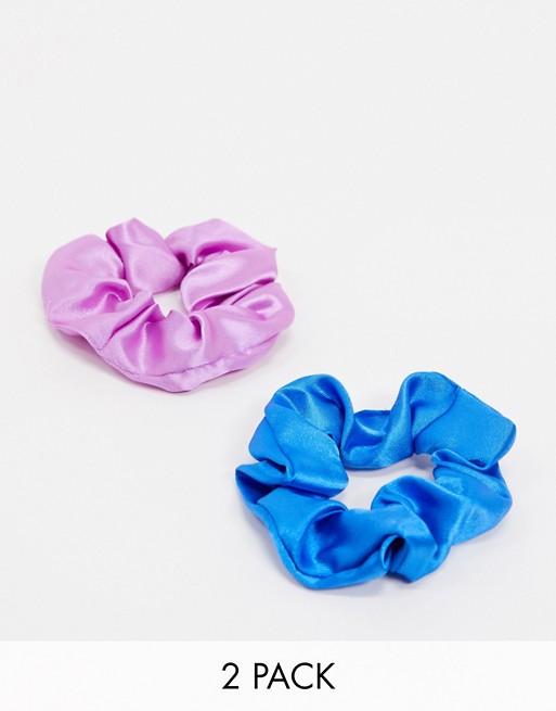 ASOS DESIGN pack of 2 scrunchies in pink and blue satin