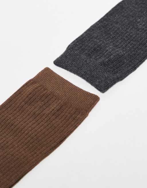 ASOS DESIGN pack of 2 soft cotton ribbed socks in chocolate brown and ...
