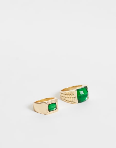 ASOS DESIGN pack of 2 stone set vintage rings in gold tone with green stone set - view 1