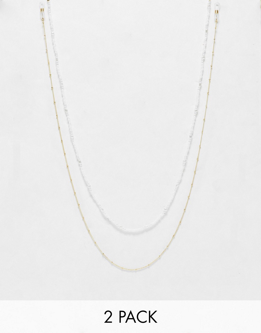 Asos Design Pack Of 2 Sunglasses Chains With Micro Faux Pearl And Dot Dash Chain In Gold Tone