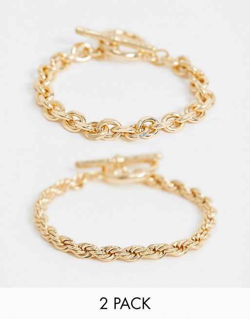 ASOS DESIGN pack of 2 t bar bracelet in textured chain in gold tone