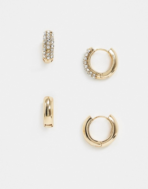 ASOS DESIGN pack of 2 thick huggie hoop earrings in crystal and plain gold tone