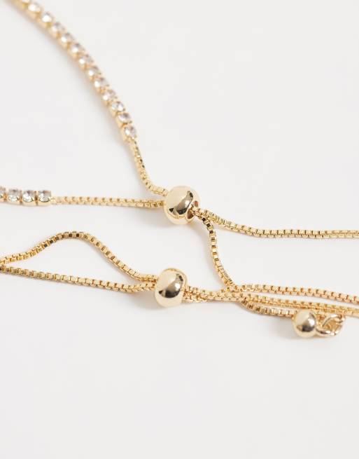 ASOS DESIGN pack of 2 toggle bracelets with crystal cupchain in gold tone with gift bag, 2 of 3