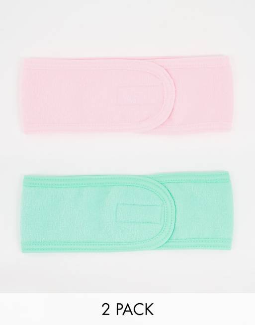 ASOS DESIGN pack of 2 towelling make up headbands pink and green