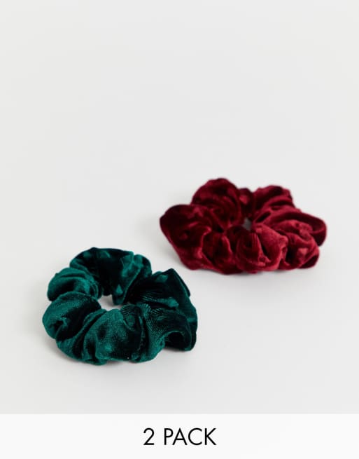 ASOS DESIGN pack of 2 velvet scrunchies in green and burgundy