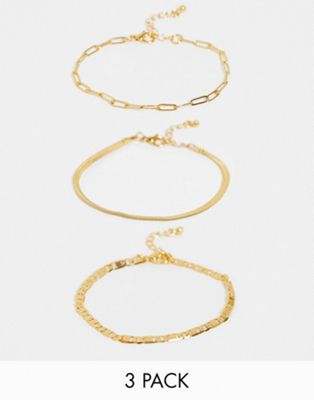 ASOS DESIGN pack of 3 14K gold plated fine bracelets in mixed chain in gold tone | ASOS
