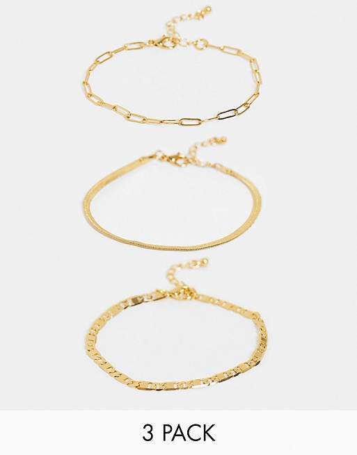 ASOS DESIGN pack of 3 14K gold plated fine bracelets in mixed chain in gold tone