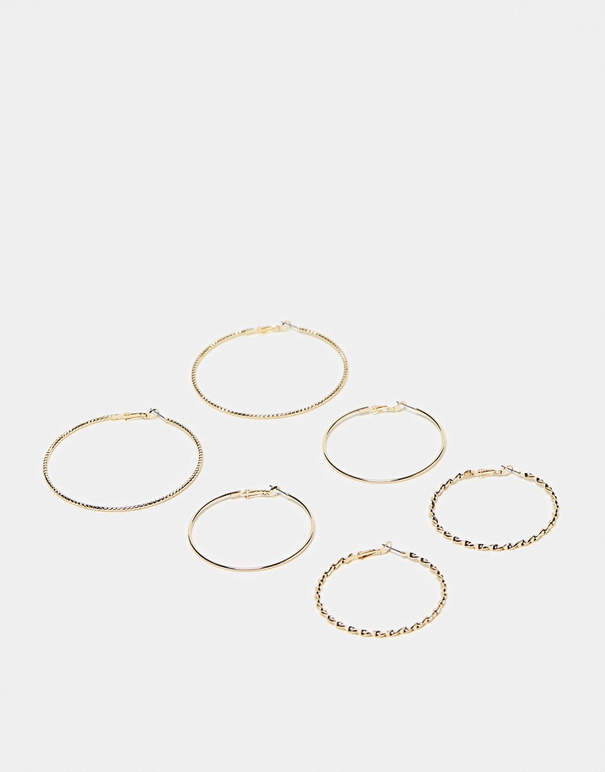ASOS DESIGN pack of 3 70mm hoop earrings with textured details in gold tone