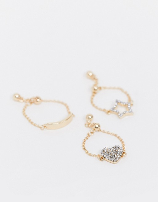 ASOS DESIGN pack of 3 adjustable rings with star and heart designs in gold tone