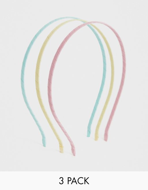 ASOS DESIGN pack of 3 alice bands in pastel colour ribbon wrap design