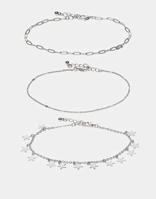 ASOS DESIGN ASOS DESIGN pack of 3 anklet with star charms in silver tone