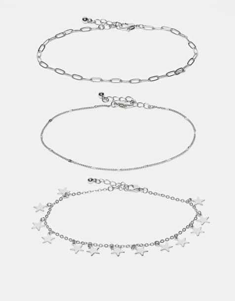 ASOS DESIGN pack of 3 anklet with star charms in silver tone - view 1