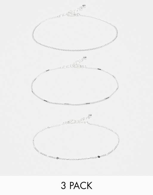 ASOS DESIGN pack of 3 anklets in silver tone