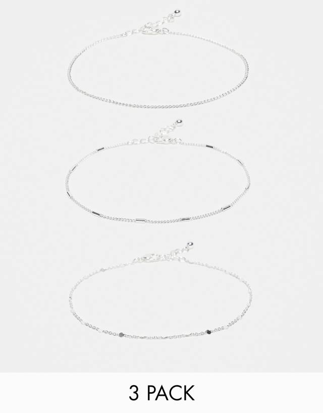 ASOS DESIGN pack of 3 anklets in silver tone