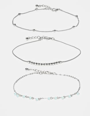 Asos Design Pack Of 3 Anklets With Blue Beads In Metallic