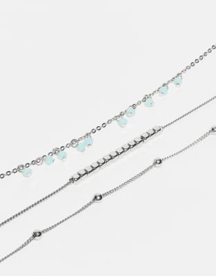 Asos Design Pack Of 3 Anklets With Blue Beads In Metallic