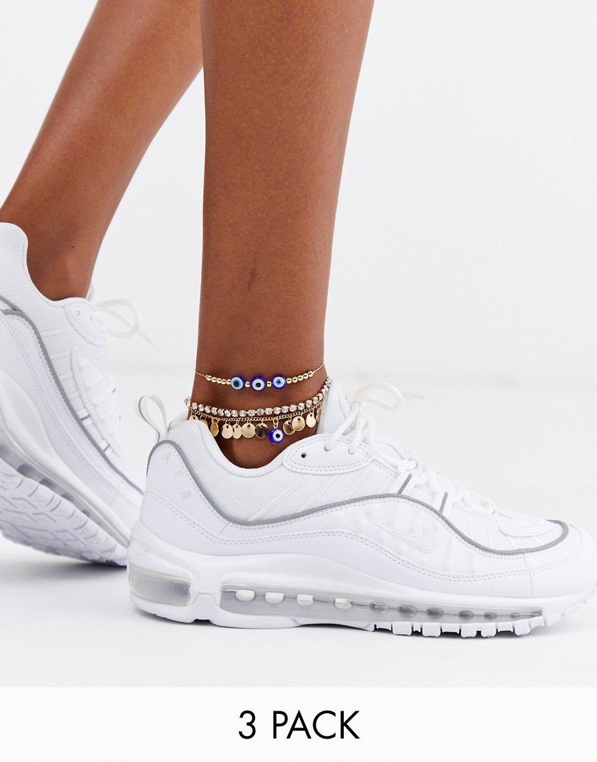 ASOS DESIGN pack of 3 anklets with crystal cupchain and eye disc charms in gold tone