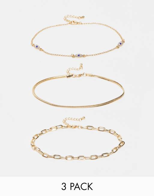 ASOS DESIGN pack of 3 anklets with crystal eye design in gold tone