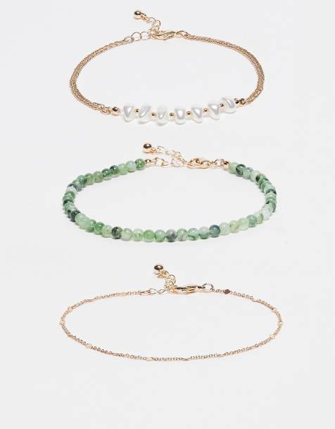 ASOS DESIGN pack of 3 anklets with faux precious green stones, faux pearls and gold tone chain - view 1