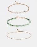 [ASOS DESIGN] ASOS DESIGN pack of 3 anklets with faux precious green stones, faux pearls and gold tone chain No Size Gold