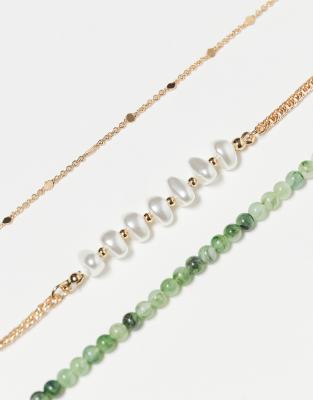 Asos Design Pack Of 3 Anklets With Faux Precious Green Stones, Faux Pearls And Gold Tone Chain In Multi