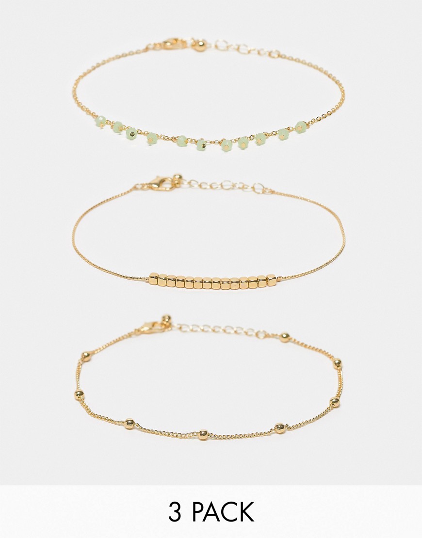 Asos Design Pack Of 3 Anklets With Green Bead Design-gold