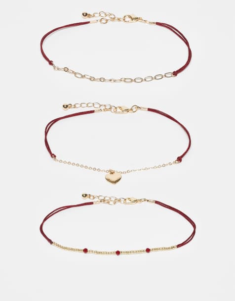 ASOS DESIGN pack of 3 anklets with heart charm in red rope and gold tone - view 1