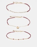 [ASOS DESIGN] ASOS DESIGN pack of 3 anklets with heart charm in red rope and gold tone No Size Gold