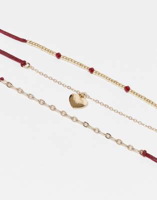Asos Design Pack Of 3 Anklets With Heart Charm