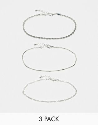 Asos Design Pack Of 3 Anklets With Mixed Chain Design In Silver Tone In Gold