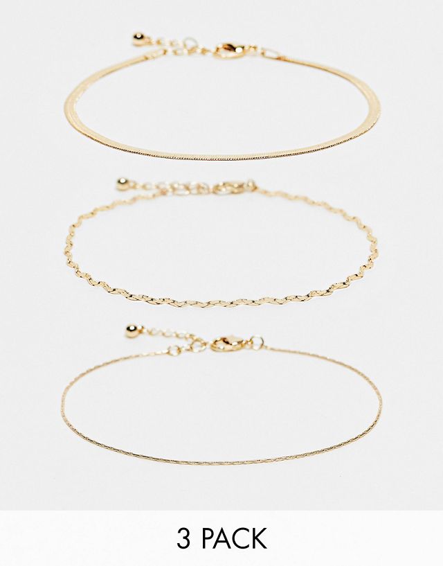 ASOS DESIGN pack of 3 anklets with mixed chains in gold tone