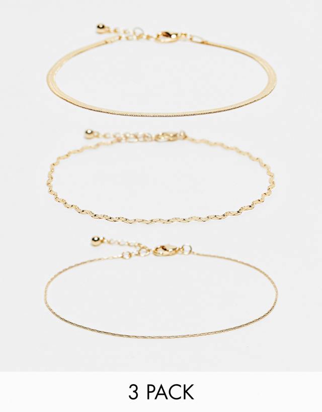 ASOS DESIGN pack of 3 anklets with mixed chains in gold tone